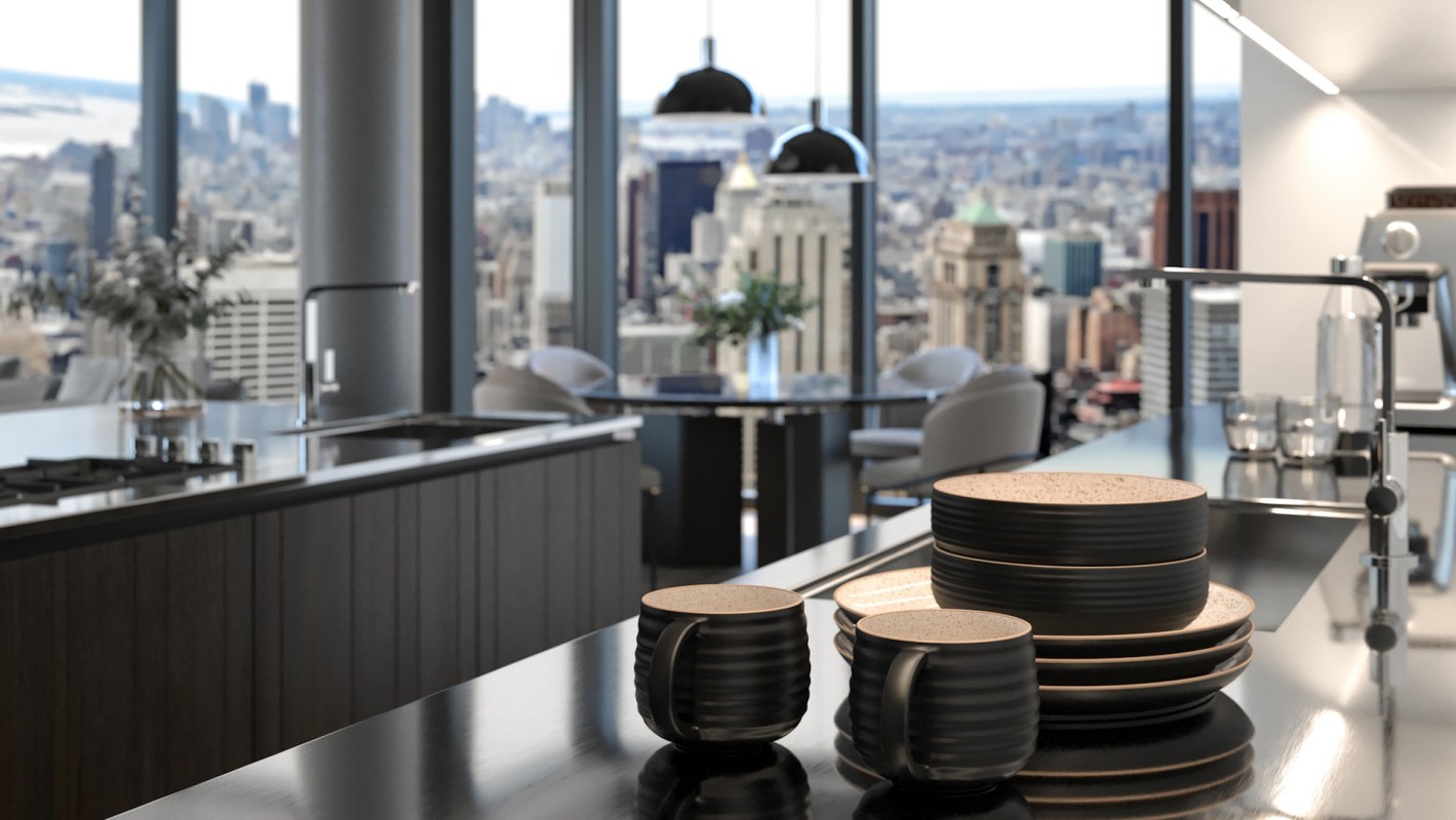 A modern kitchen with black and beige dishware and the New York City skyline through large windows.