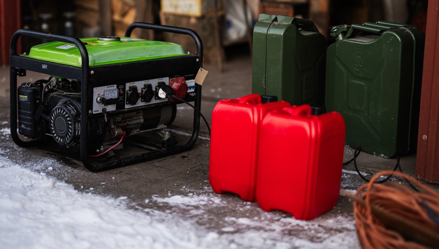 A generator beside red and green fuel containers as well as an orange extension cord on a snowy surface.