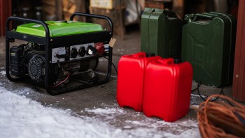 A generator beside red and green fuel containers as well as an orange extension cord on a snowy surface.