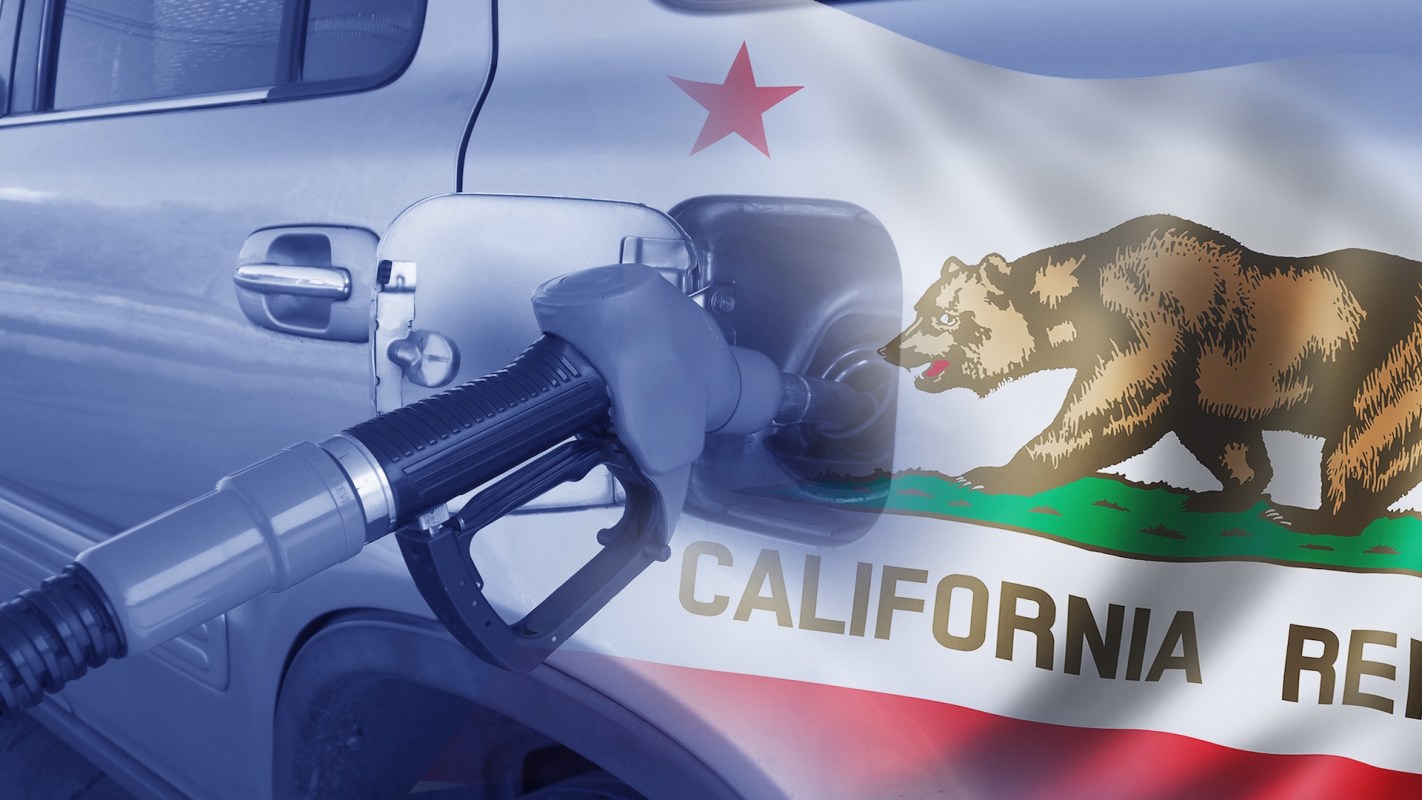 An illustration of a fuel pump inserted into a vehicle with the California state flag in the background.