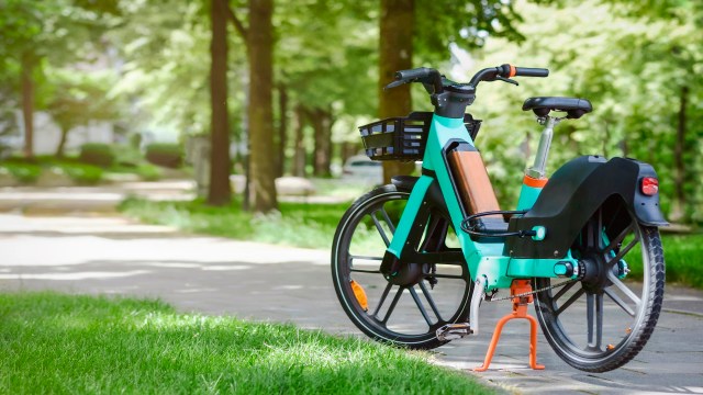 A blue and black bicycle with a basket parked on a pathway in a green park.