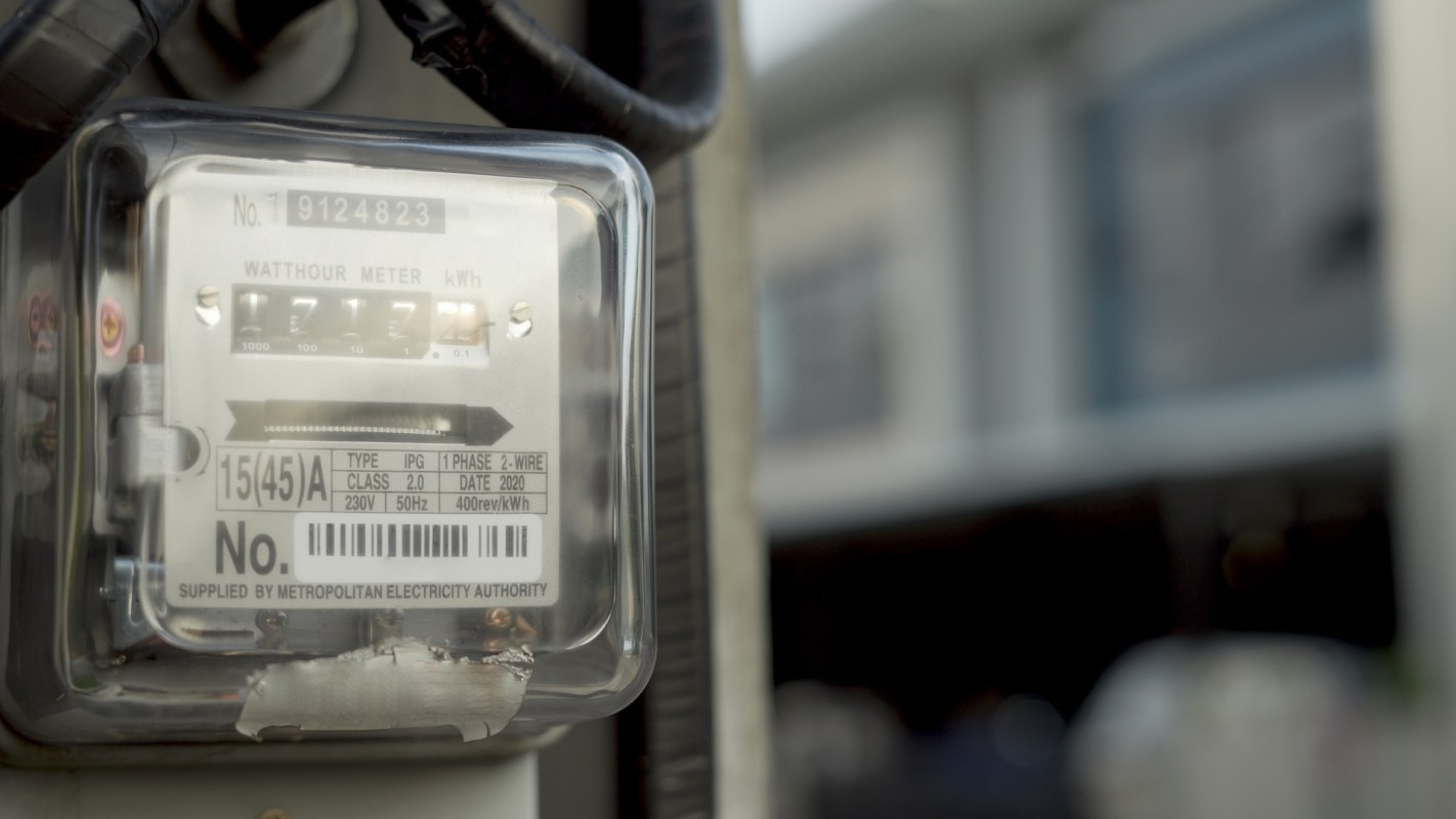An electricity meter displaying usage readings and technical information.