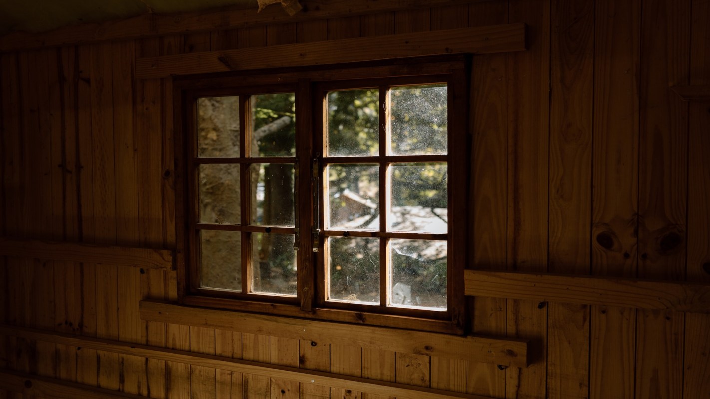 A wooden window with multiple panes, revealing a view of trees and a roof outside.