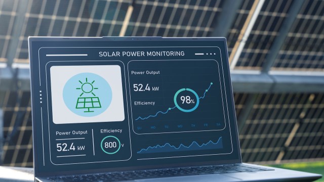 A laptop displaying solar power monitoring data including power output and efficiency statistics.