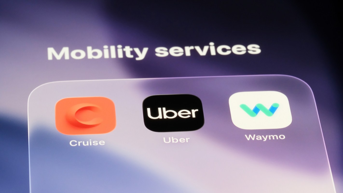 Three app icons for mobility services: Cruise, Uber, and Waymo, displayed on a screen with the title "Mobility services."