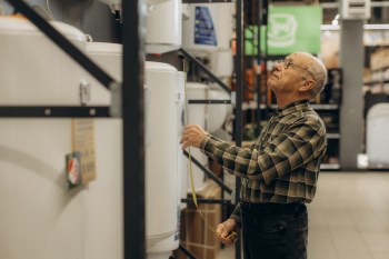 An elderly man measuring the height of a water heater in a home improvement store.