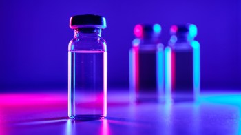 A glass vial with a black cap, illuminated by colorful lights, with blurry vials in the background.