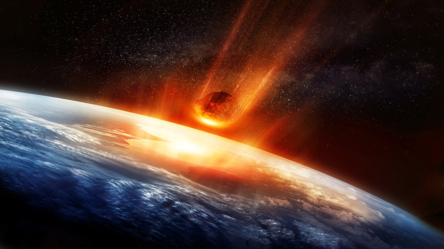 An asteroid collides with Earth, causing an explosion and fiery debris.