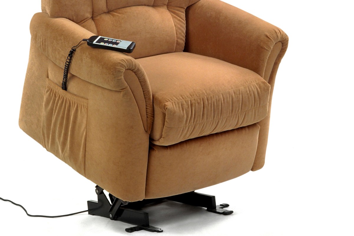 A tan lift reclining chair with a remote control attached to the side.