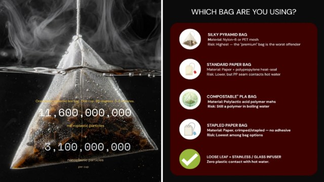 A pyramid tea bag submerged in water with text about microplastic and nanoplastic particles in tea.