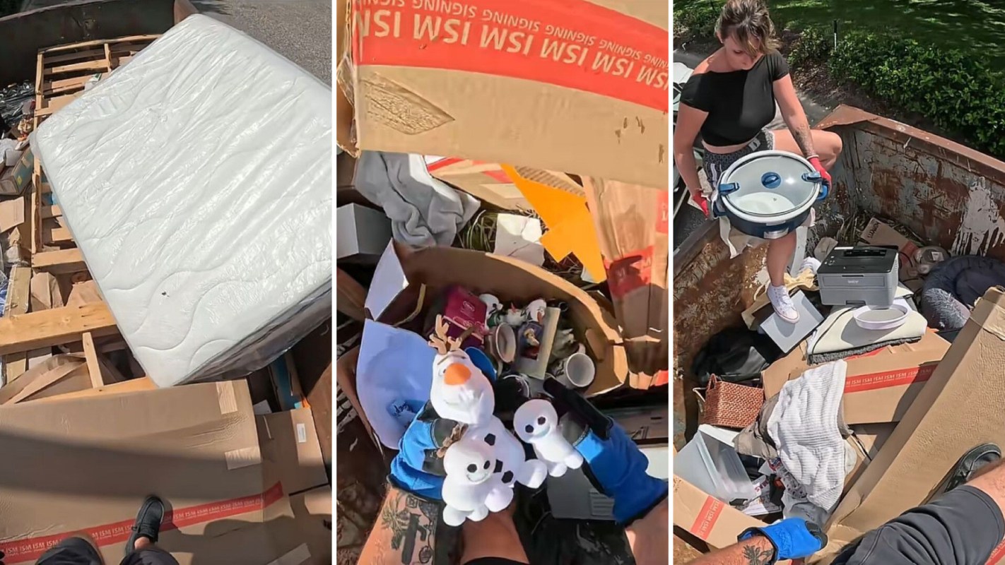 Three panels show dumpster divers finding a mattress wrapped in plastic, a snowman figurine, and a crockpot in a dumpster