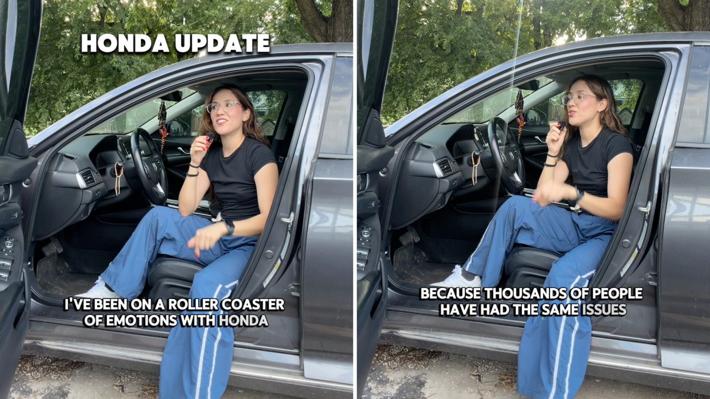 A person sits in a car, discussing updates related to a Honda vehicle.