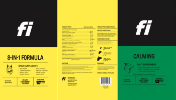 Labels for dog supplements, including an 8-in-1 formula and calming formula, featuring ingredients and usage directions.