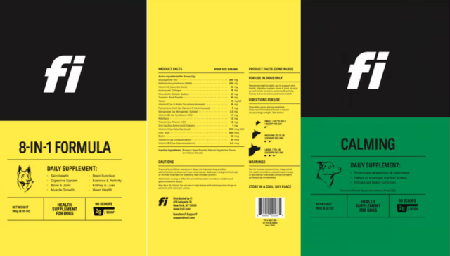 Labels for dog supplements, including an 8-in-1 formula and calming formula, featuring ingredients and usage directions.