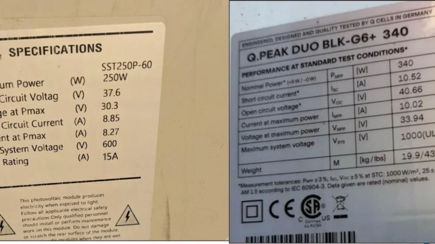Specifications of a solar panel.