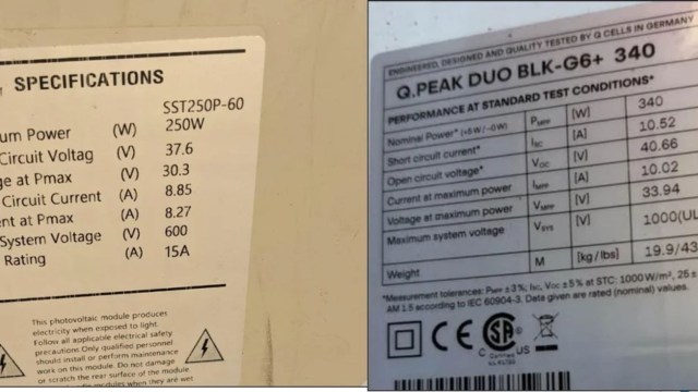 Specifications of a solar panel.