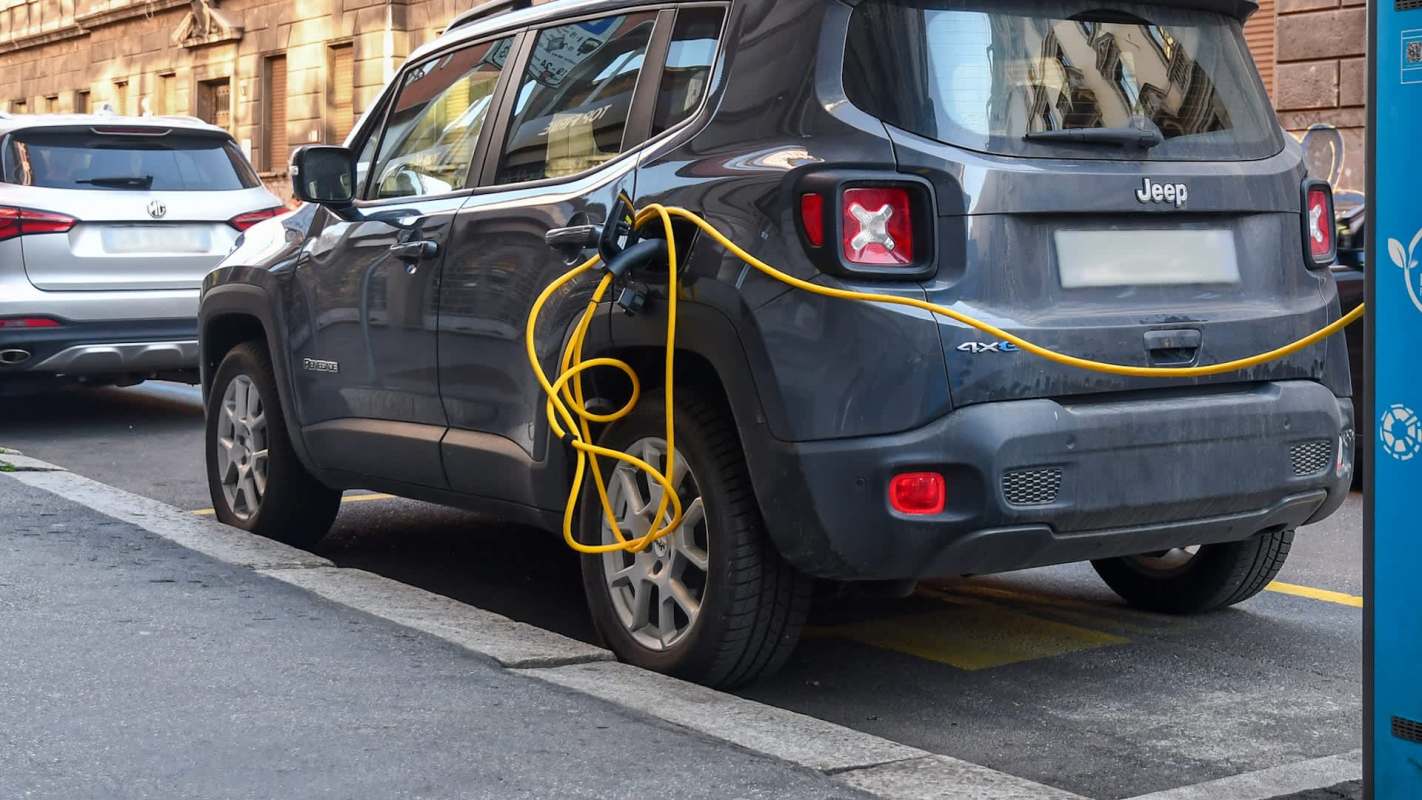 A charging Jeep 4xe hybrid EV.