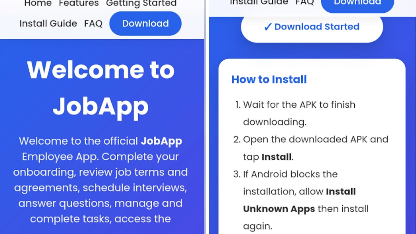 A digital user interface displaying instructions for downloading and installing the JobApp employee application.