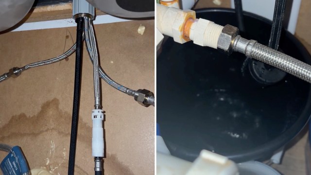 Pipes and fittings connected to a sink drain, with a bucket below catching water.