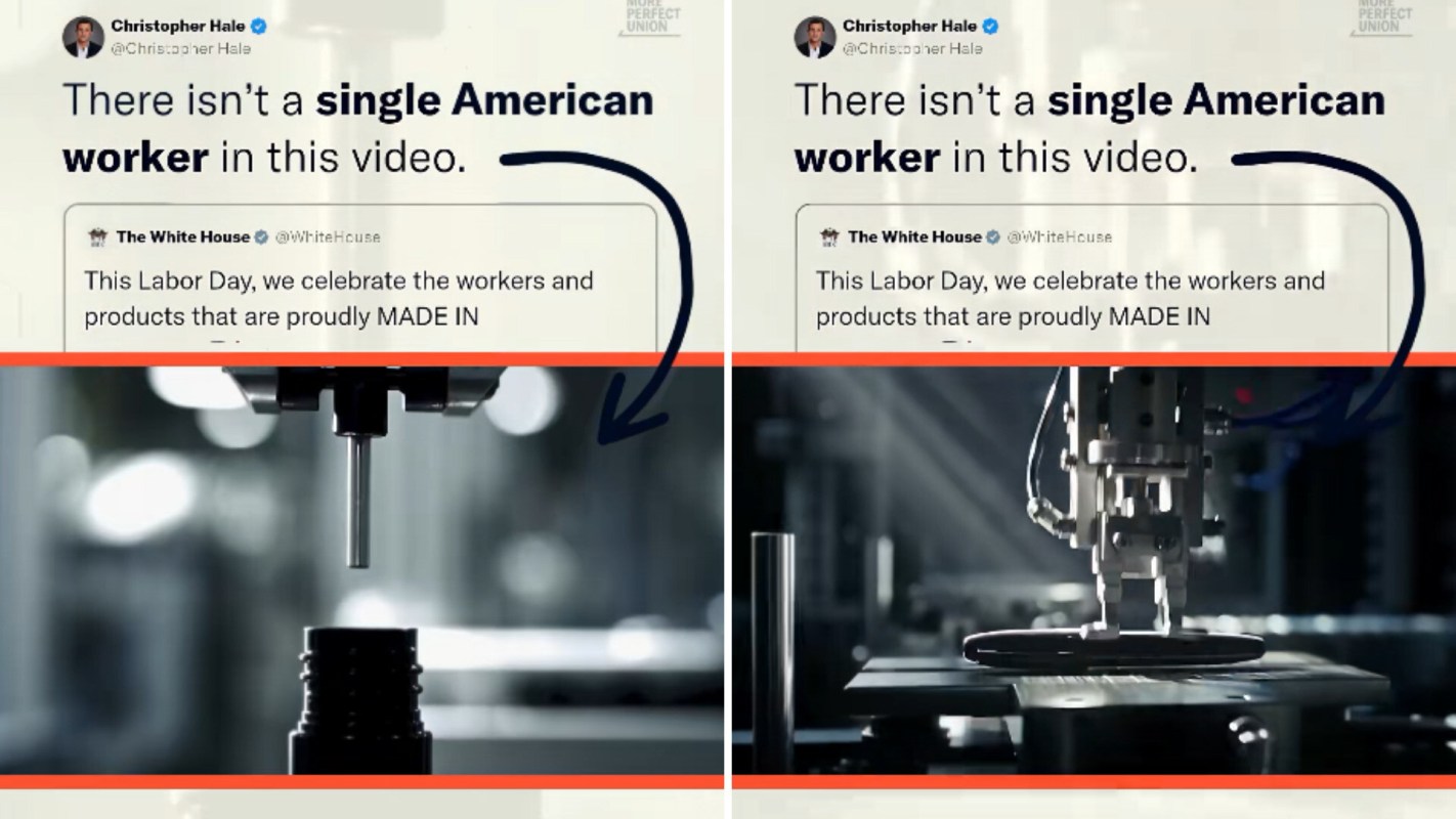A social media post highlighting a debate about the presence of American workers in a video, with images of machinery.