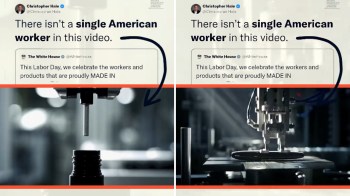 A social media post highlighting a debate about the presence of American workers in a video, with images of machinery.