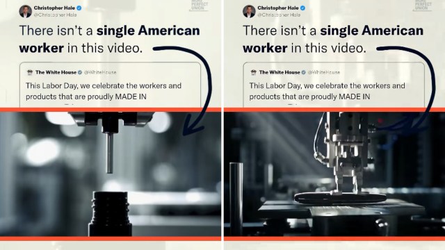 A social media post highlighting a debate about the presence of American workers in a video, with images of machinery.
