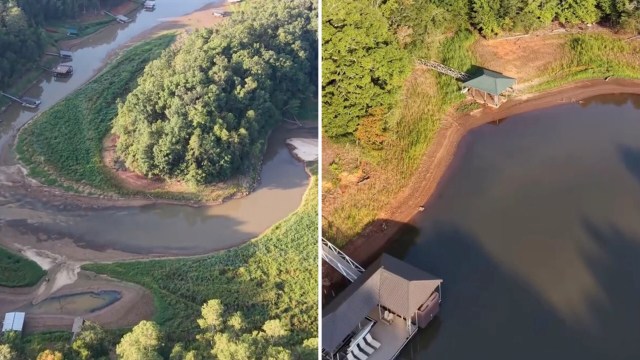 An aerial view of a waterway with low level of water.