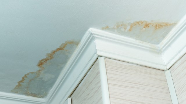 Water stains are visible at the corner of a ceiling and wall, indicating possible leakage or moisture damage.