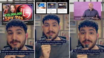 A speaker on screen talks about LG smart TVs recording viewers information.