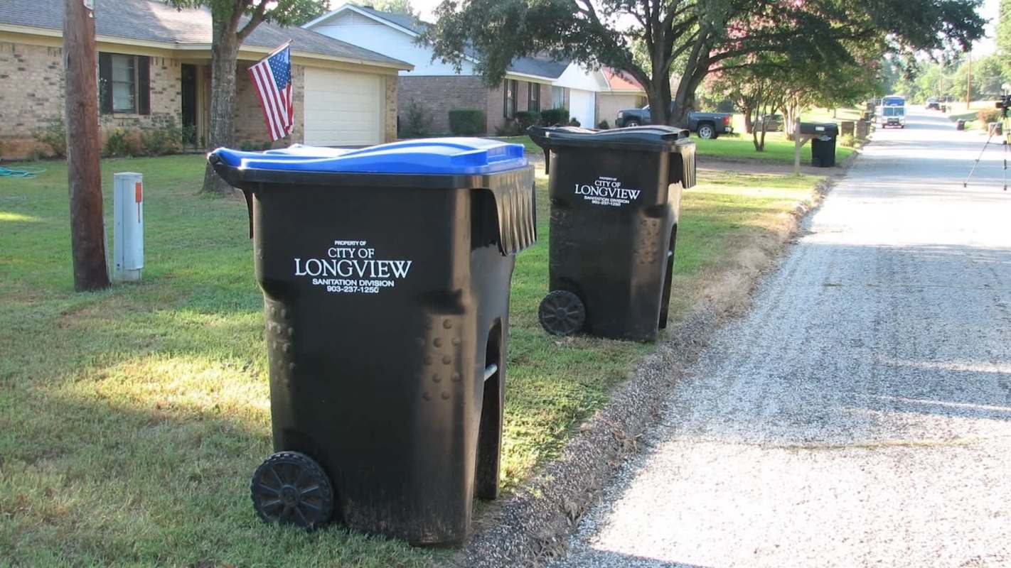 Two black trash bins with blue lids labeled "City of Longview" placed on a residential street.