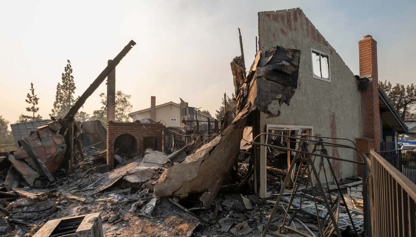 A house with severe fire damage.