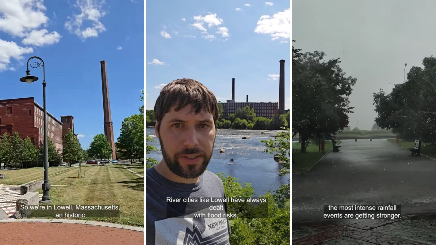 Three images showing: 1. A historic building in Lowell, Massachusetts, with a chimney and pathways. 2. A person by a river with industrial buildings in the background. 3. A park under heavy rain with benches and trees.