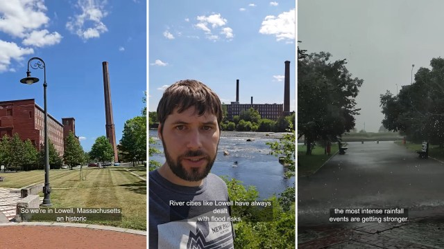 Three images showing: 1. A historic building in Lowell, Massachusetts, with a chimney and pathways. 2. A person by a river with industrial buildings in the background. 3. A park under heavy rain with benches and trees.