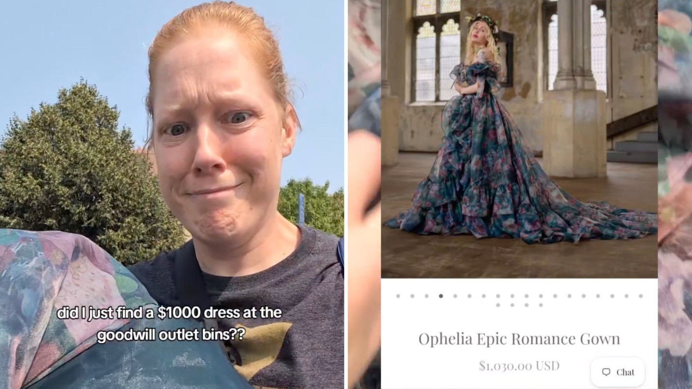 A woman shows excitement about finding an expensive dress at a thrift store, with an image of the dress beside her.
