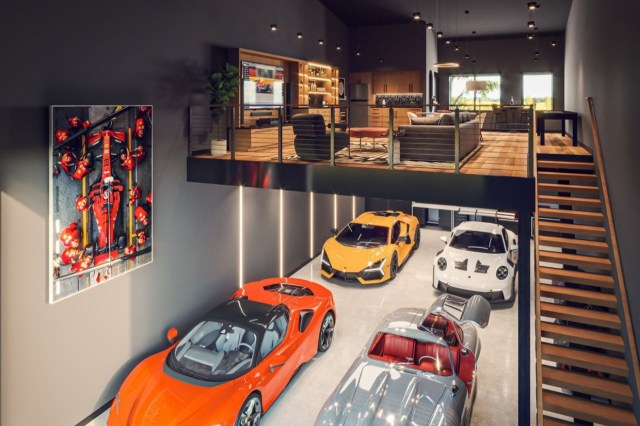 A modern garage showcases four luxury cars and an upstairs living area with a dining space and artwork.