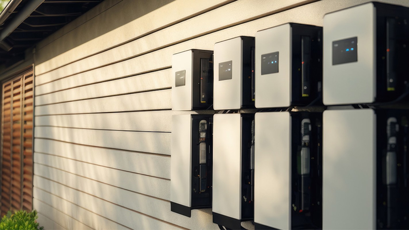 A row of energy storage units mounted on a wall with horizontal siding.