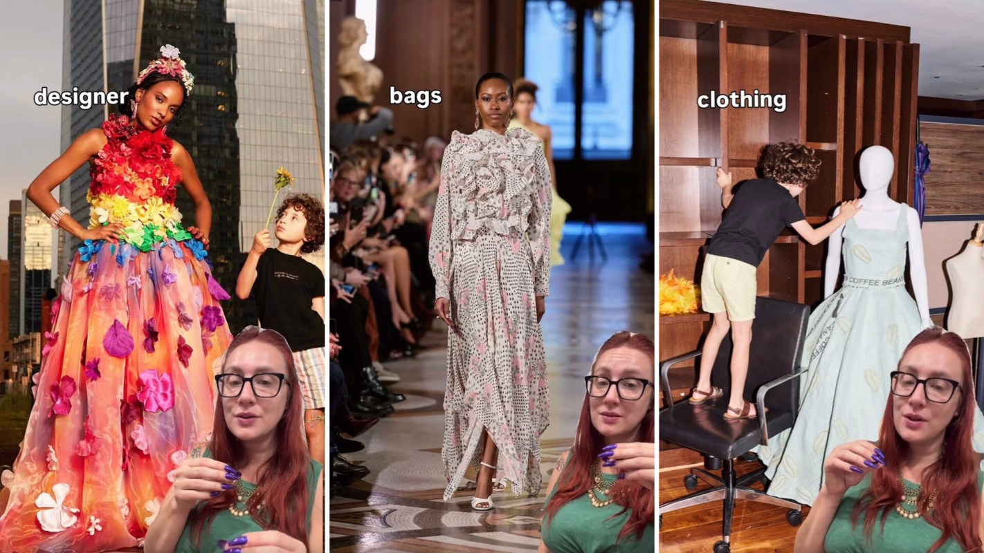 A designer in a colorful dress poses with a child holding a flower, alongside fashion runway and garment display scenes.