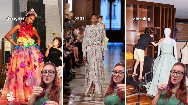 A designer in a colorful dress poses with a child holding a flower, alongside fashion runway and garment display scenes.