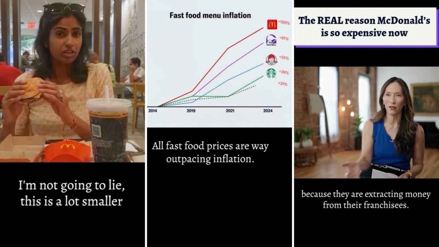 A woman holds a burger in a fast food restaurant while a graph shows fast food menu inflation statistics.
