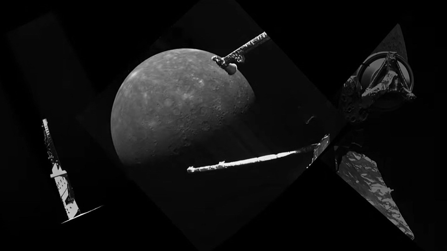 A spacecraft approaches the planet Mercury in a dark space environment.