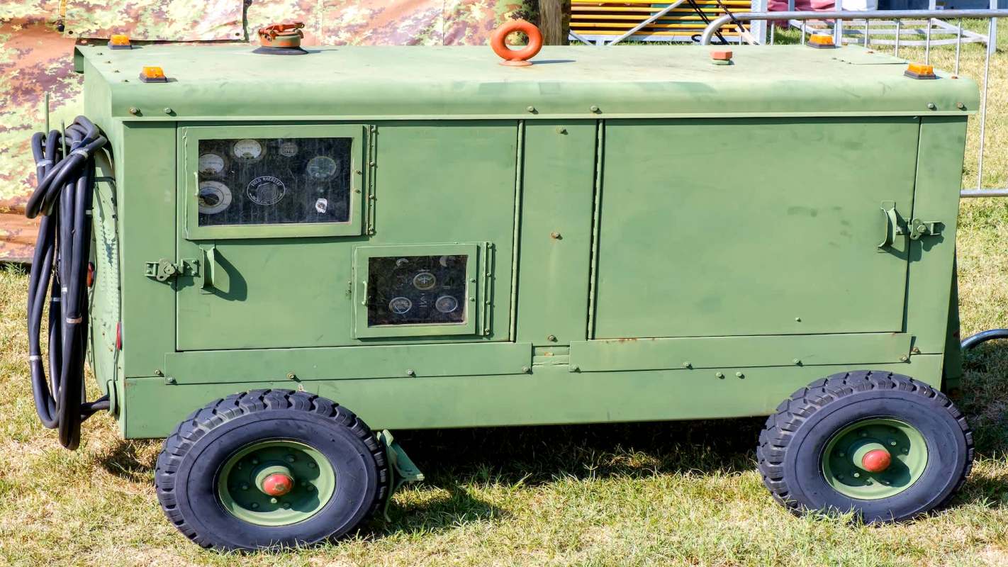 A green electrical generator with wheels and gauges, placed on grass.
