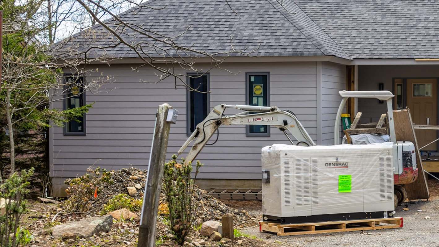 A construction site with a Generac generator, machinery, and piles of dirt beside a house.