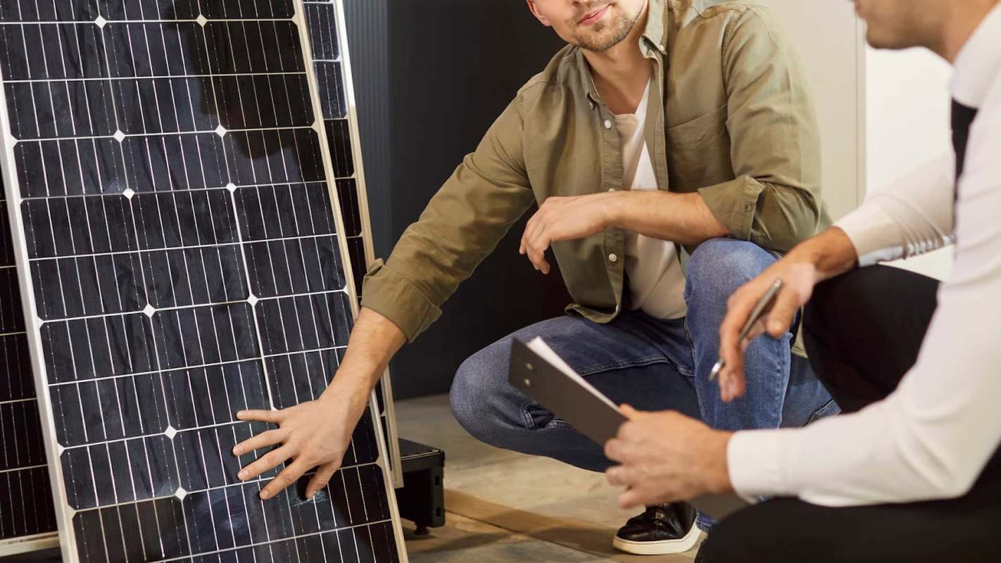 Two men discussing solar panels, one pointing to a solar panel while the other holds a notepad.