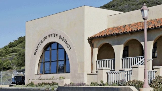 A building with the text "Montecito Water District" and arched windows.