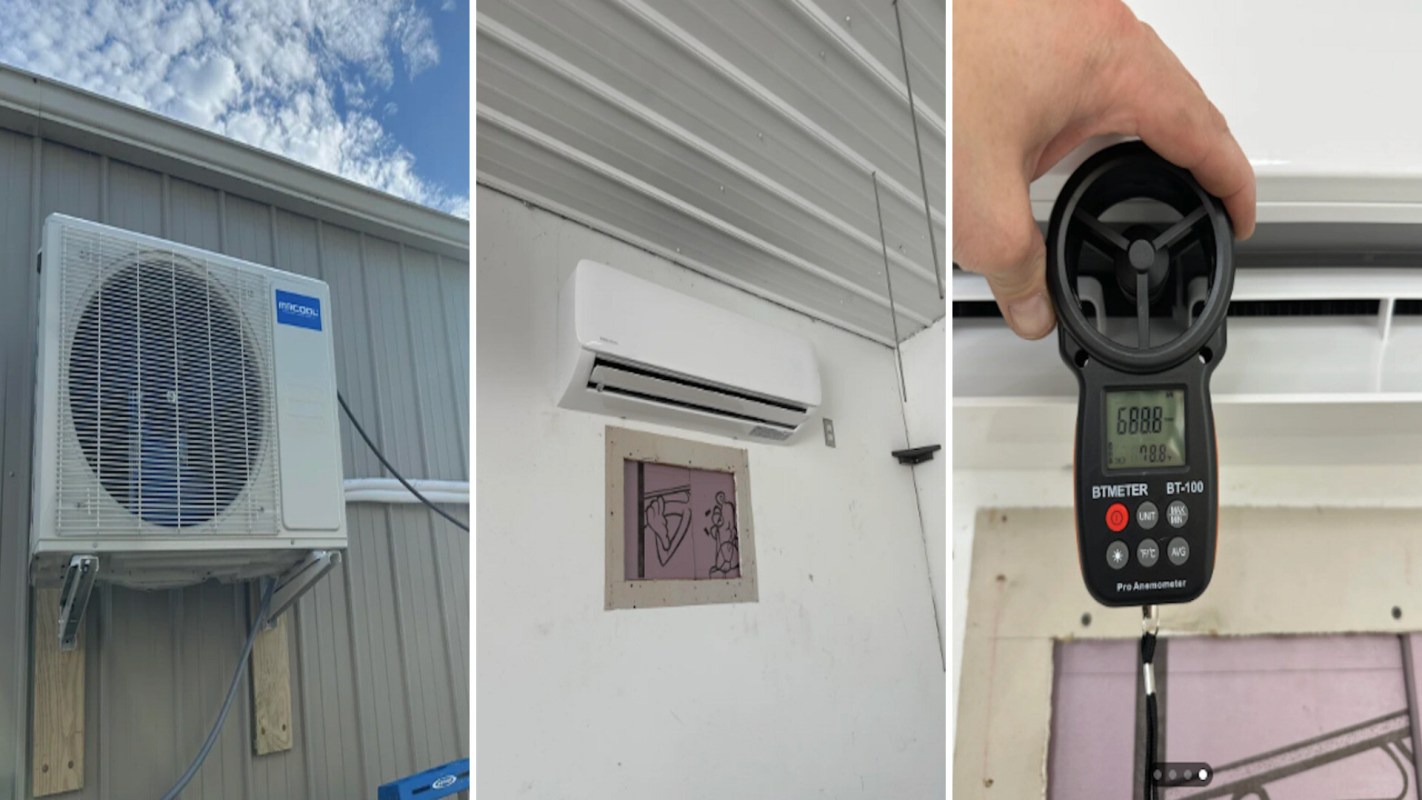 An outdoor air conditioning unit, a wall-mounted indoor unit, and an anemometer measuring airflow.