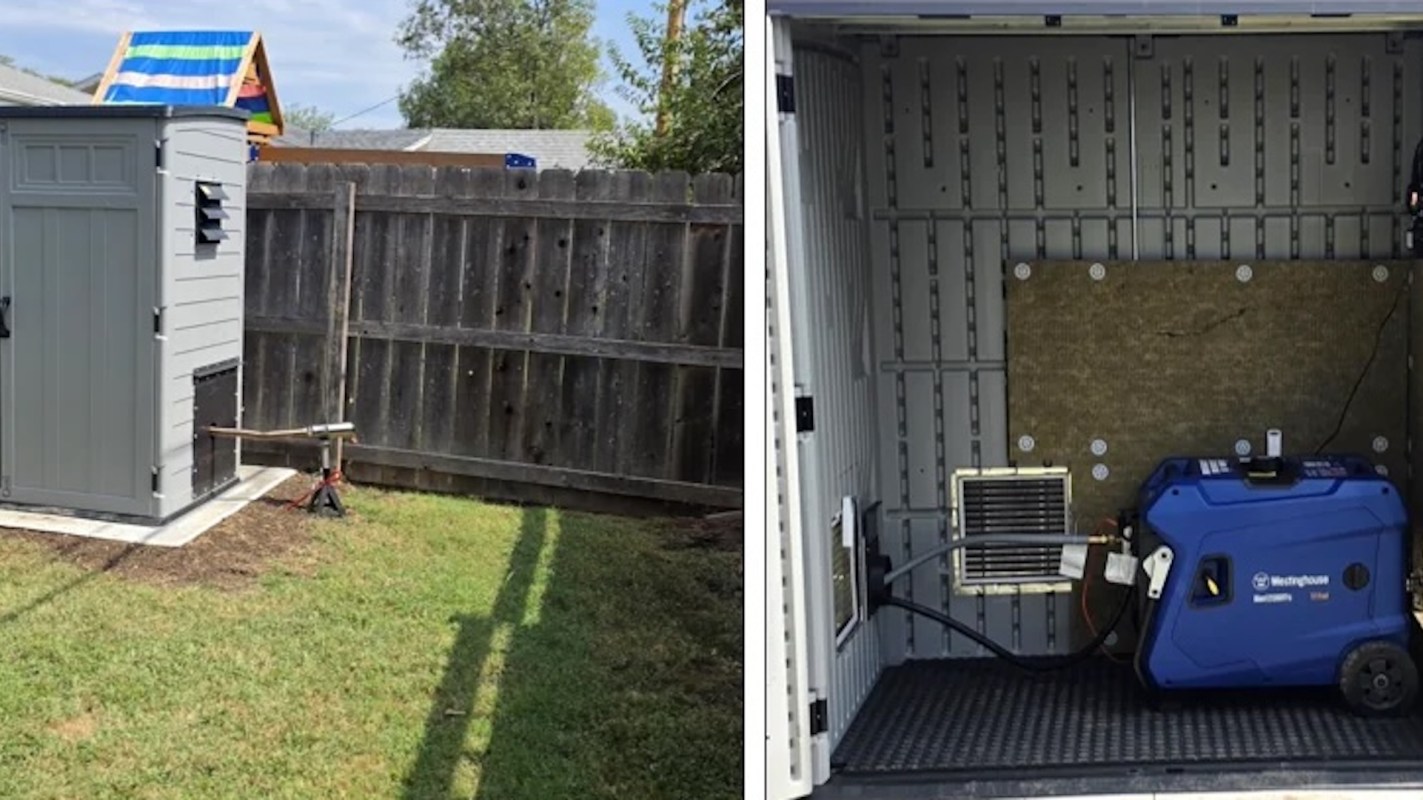 A storage shed in a yard, with a generator and ventilation system visible inside.