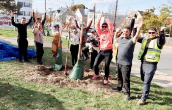 A group of people stands around newly planted trees, celebrating an outdoor planting event.