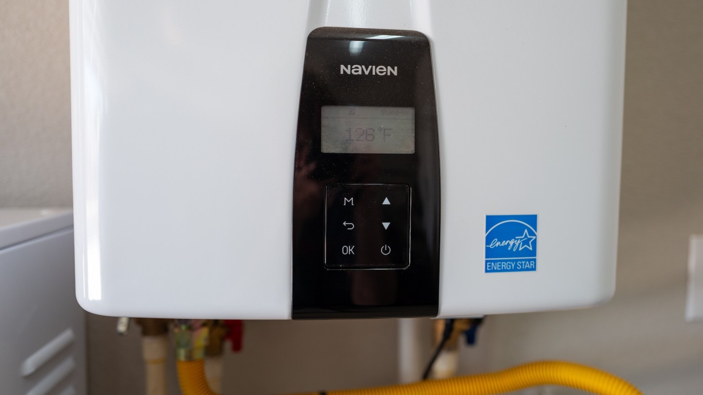 A Navien tankless water heater control panel displaying a temperature of 126°F and an Energy Star label.