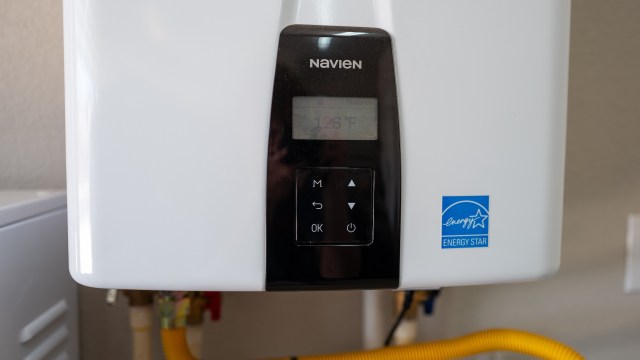 A Navien tankless water heater control panel displaying a temperature of 126°F and an Energy Star label.