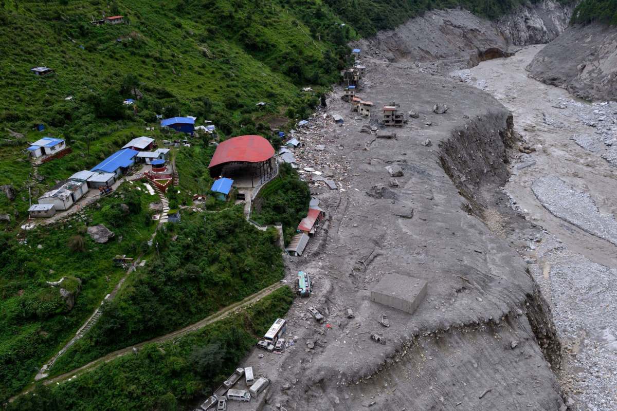 An aerial shot of the aftermath of the mountain and glacial collapse on the China-Nepal border